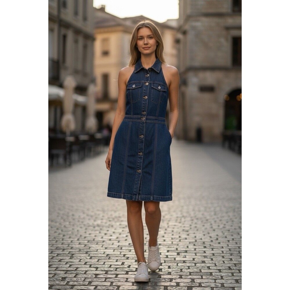 Future Collective Alani Noelle Halter Collar Denim Dress Sleeveless Size 2 Blue